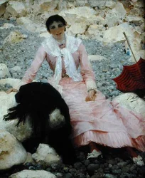 Porträtt av konstnärens fru på stranden (olja på duk)