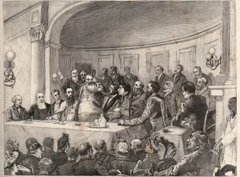 Antislaverikongressen hölls i Paris den 21, 22 och 23 september 1890 i Geography Society i närvaro av Jules Simon, Emile Keller och Monseigneur Lavigerie. Gravyr efter Paul Merwarts teckning i "The Illustrous World" från 1890.