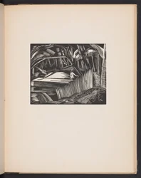 Dark Lake, illustration från "Places. 7 prints reproducerade från träblock designade och graverade av Paul Nash, med illustrationer på prosa". London, William Heinemann, försättsblad