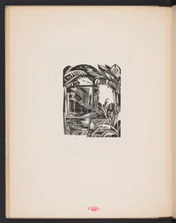 Illustration från "Places. 7 tryck reproducerade från träblock designade och graverade av Paul Nash, med illustrationer på prosa". London, William Heinemann, försättsblad