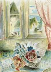 Röda rosor i ett skal (penna, krita och akvarell på papper)
