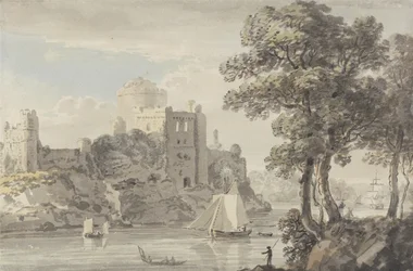 Ett slott vid floden (penna och akvarell på papper)