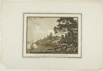 Benton Castle tittar ner längs Reach till Milford Haven, från tolv vyer i Aquatinta från teckningar tagna på plats i södra Wales