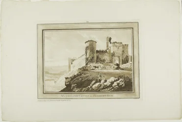 Manorbier Castle i Pembrokeshire, från tolv vyer i Aquatinta från teckningar tagna på plats i södra Wales