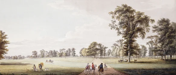 Ryttare på en aveny i parken vid Luton, med figurer i en Phaeton och Rustik till vänster,