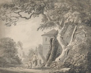 Romantiskt landskap med figurer och en hund