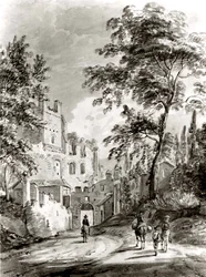 Resenärer som går in i en stad, 1751-1809.