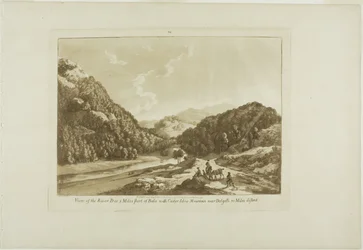 Utsikt över floden Dee 3 mil från Bala, med berget Cadar-Idris nära Dolgelli 30 mil bort, plansch nio från Twelve Views in Wales