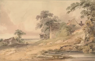 Landskap med bondgård, figurer och damm
