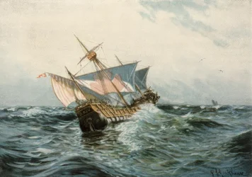 Columbus fartyg Sta. Maria i stormigt väder