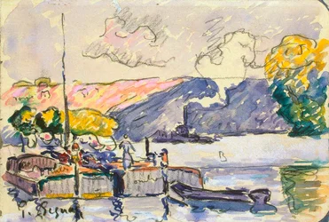 Två pråmar, båt och bogserbåt i Samois, c1900.