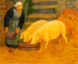 En ung flicka som matar två grisar, 1889