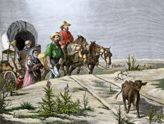 Historia om nybyggare i West Conquete: Amerikanska pionjärer. "Arkansas pelerins" en familj korsar de stora slätterna i en diligence. Färgstark gravyr från 1800-talet.