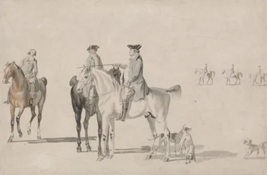 Hertigen av Cumberland med en gentleman och en brudgum, alla beridna och hundar (penna och akvarell på papper)