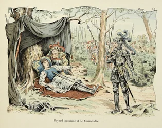Illustration hämtad från boken "Histoire du chevalier Bayard" av Theodore Cahu, illustrerad av Paul De Semant (1855-1915): Bayard dying and Le Connetable de Bourbon 1524