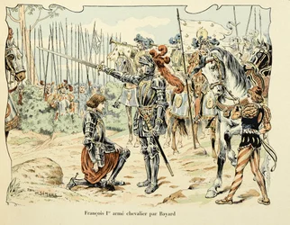 Illustration hämtad från boken "Histoire du chevalier Bayard" av Theodore Cahu, illustrerad av Paul De Semant (1855-1915): Francois 1, er arme chevalier par Bayard 1515