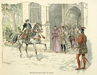 Illustration hämtad från boken "Histoire du chevalier Bayard" av Theodore Cahu, illustrerad av Paul De Semant (1855-1915): Bayard 11 år före hertigen av Savoyen 1486