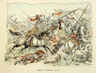 Illustration hämtad från boken "Histoire du chevalier Bayard" av Theodore Cahu, illustrerad av Paul De Semant (1855-1915): Slaget vid Fornoua 1495