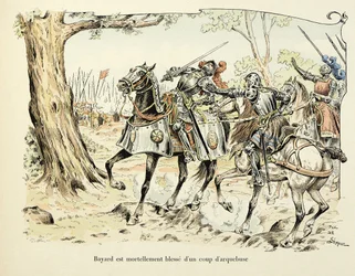 Illustration hämtad från boken "Histoire du chevalier Bayard" av Theodore Cahu, illustrerad av Paul De Semant (1855-1915): Bayard sårar dödligt med ett skott av arkebuse 1524