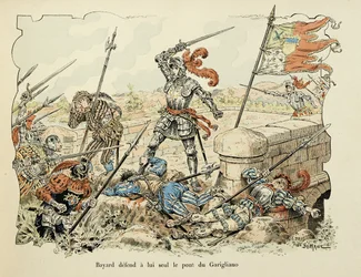 Illustration hämtad från boken "Histoire du chevalier Bayard" av Theodore Cahu, illustrerad av Paul De Semant (1855-1915): Bayard försvarar endast bron Garigliano 1504