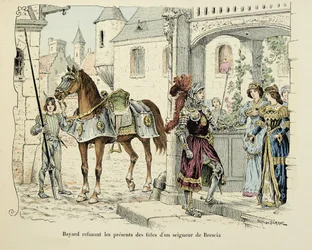 Illustration hämtad från boken "Histoire du chevalier Bayard" av Theodore Cahu, illustrerad av Paul De Semant (1855-1915): Bayard vägrar gåvor från döttrarna till en herre av Brescia 1512