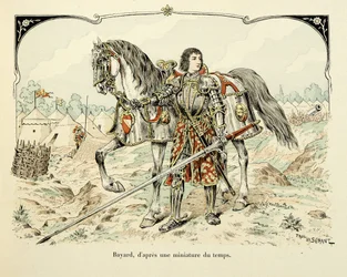 Illustration hämtad från boken "Histoire du chevalier Bayard" av Theodore Cahu, illustrerad av Paul De Semant (1855-1915): Porträtt av Bayard efter en miniatyr av perioden