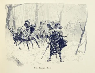 Illustration hämtad från boken "Histoire du chevalier Bayard" av Theodore Cahu, illustrerad av Paul De Semant (1855-1915): Flight of Pope Julius II