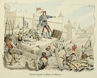 Illustration hämtad från boken "Histoire du chevalier Bayard" av Theodore Cahu, illustrerad av Paul De Semant (1855-1915): Bayard organiserar försvaret av Mezieres 1521