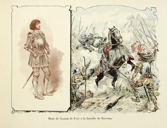 Illustration hämtad från boken "Histoire du chevalier Bayard" av Theodore Cahu, illustrerad av Paul De Semant (1855-1915): Death of Gaston de Foix (1489-1512) vid slaget vid Ravenna