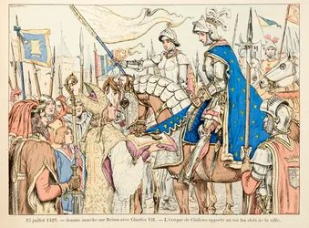 Illustration hämtad från boken "" Joan of Arc "" av Theodore Cahu och illustrerad av Paul De Semant (1855-1915): Den 15 juli