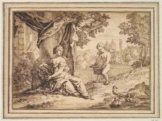 Kvinnor sitter under pelaren med Putto