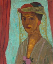 ""Självporträtt med hatt och slöja"" (Självporträtt med hatt och slöja) Målning av Paula Modersohn-Becker (1876-1907) - 1906-1907 - Olja på kartong Dim 89,6x79,8 cm Gemeentemuseum Den Haag (The Haag) Nederländerna