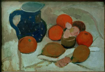 Stilleben med en blå, vitstippad kanna (II)