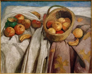 Stilleben med äpplen och bananer