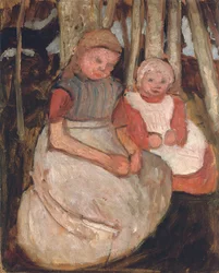 Två sittande flickor före björkstammar; Två sittande flickor framför björkstammar, 1904