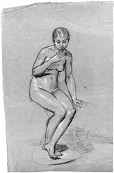 En sittande kvinnlig naken tittar ner (krita på papper)