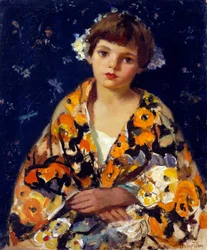 "En flicka i kimono. Inflytandet från Japan i Fjärran Östern på det europeiska impressionistiska måleriet. Målning av Pauline Palmer (1867-1938). Olja på trä. Dim: 60,7 x 50,5cm Privat samling