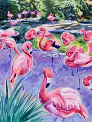 Rosa flamingor i tropisk miljö