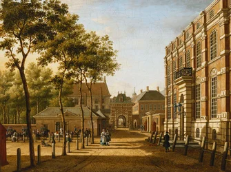 Haag: Mauritspoort och Binnenhof sett över platsen, 1773