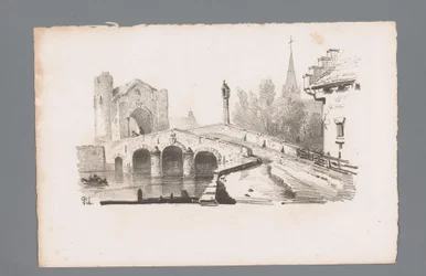 Vy över en bro med en port, en kyrka i bakgrunden Principer för landskap (serietitel) Principles de paysages (serietitel)