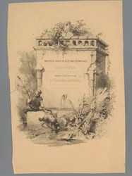 Man med hund som sitter på kanten av en fontän Landscape Studies av Paulus Lauters (serietitel) Nouvelle suite de 40 études de paysages par P. Lauters (serietitel på objekt)