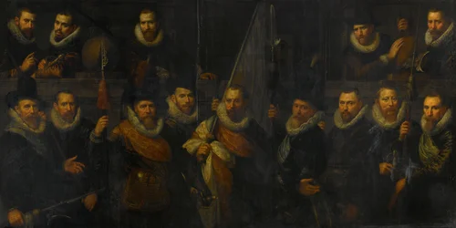 Officerare och andra medborgargardister från det tredje distriktet i Amsterdam, under befäl av kapten Jacob Gerritsz Hoyngh och löjtnant Nanningh Florisz Cloeck