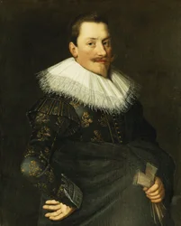 Porträtt av en gentleman, stående halvlängd, iklädd en blå kostym med guldbroderi och vit spetskrage,