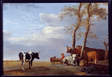 Landskap med bonde och djur. Målning av Paul Potter (1625-1654) Ec. Hol.