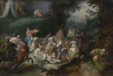 Bataille entre les Israelites et les Amalecites - Slaget mellan israeliterna och amalekiterna, av Casteels, Pauwels (aktiv ca 1649-1680). Olja på trä. Mått: 45x65 cm. Nationalmuseum Stockholm
