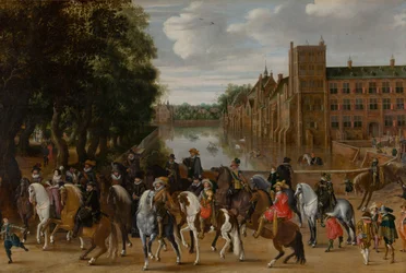 Prinsarna av Orange och deras familjer till häst, rider ut från The Buitenhof, Haag, ca. 1621-22