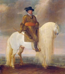 Prins Maurits rider på den vita stridshäst som han fick efter segern vid Nieuwpoort