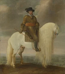 Prins Maurice sittande på den vita stridshingst som han fick efter segern i slaget vid Nieuwpoort.
