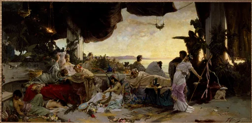 "Den romerska orgien". Scen med utsvävningar i det antika Rom - 1883, mått 136 x 279 cm, Rysslands statliga friluftsmuseum för historia och arkitektur, Novgorods kreml, Novgorod