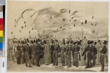 Storhertig Michael Pavlovich (1798-1849) besöker det finska kejserliga garderegementets läger (eller Finliandski garderegementet), den 8 juli 1837. (storhertigen Mikhail Pavlovich besöker det finska livgardets läger den 8 juli